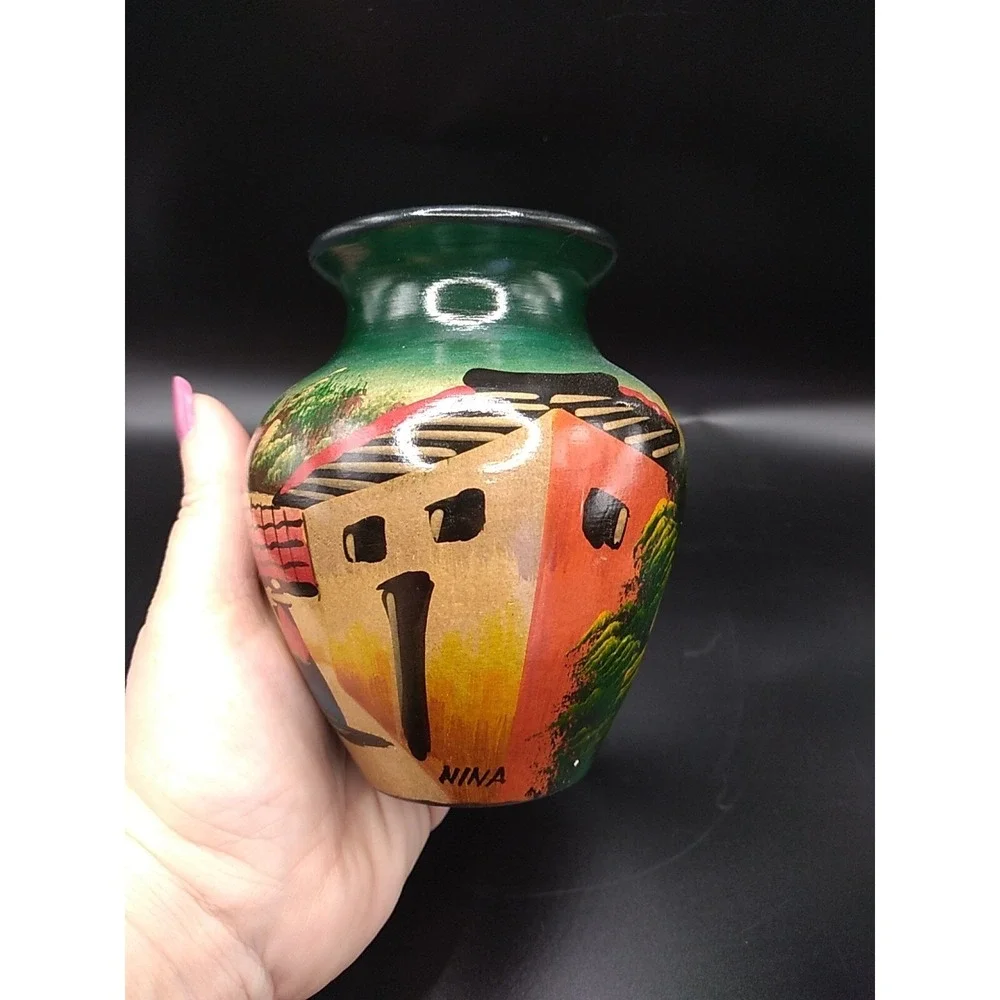 Small Pottery Vase Made In Peru Handpainted Signed Nina 4.75 in tall